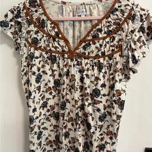 Wonderly Cream Floral Ruffle Sleeve Blouse with Brown Trim